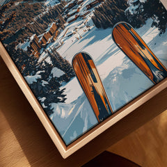Copper Mountain Ski Print showcasing skis overlooking a winter resort and snowy slopes in vibrant colors.