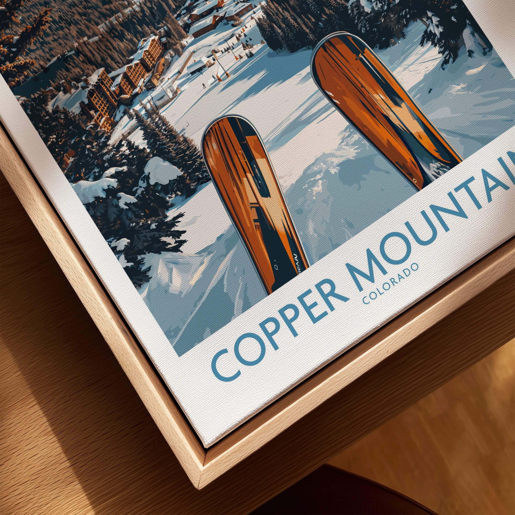 Copper Mountain Colorado Wall Art – Winter Ski Resort Print featuring wooden skis in a snowy resort setting.