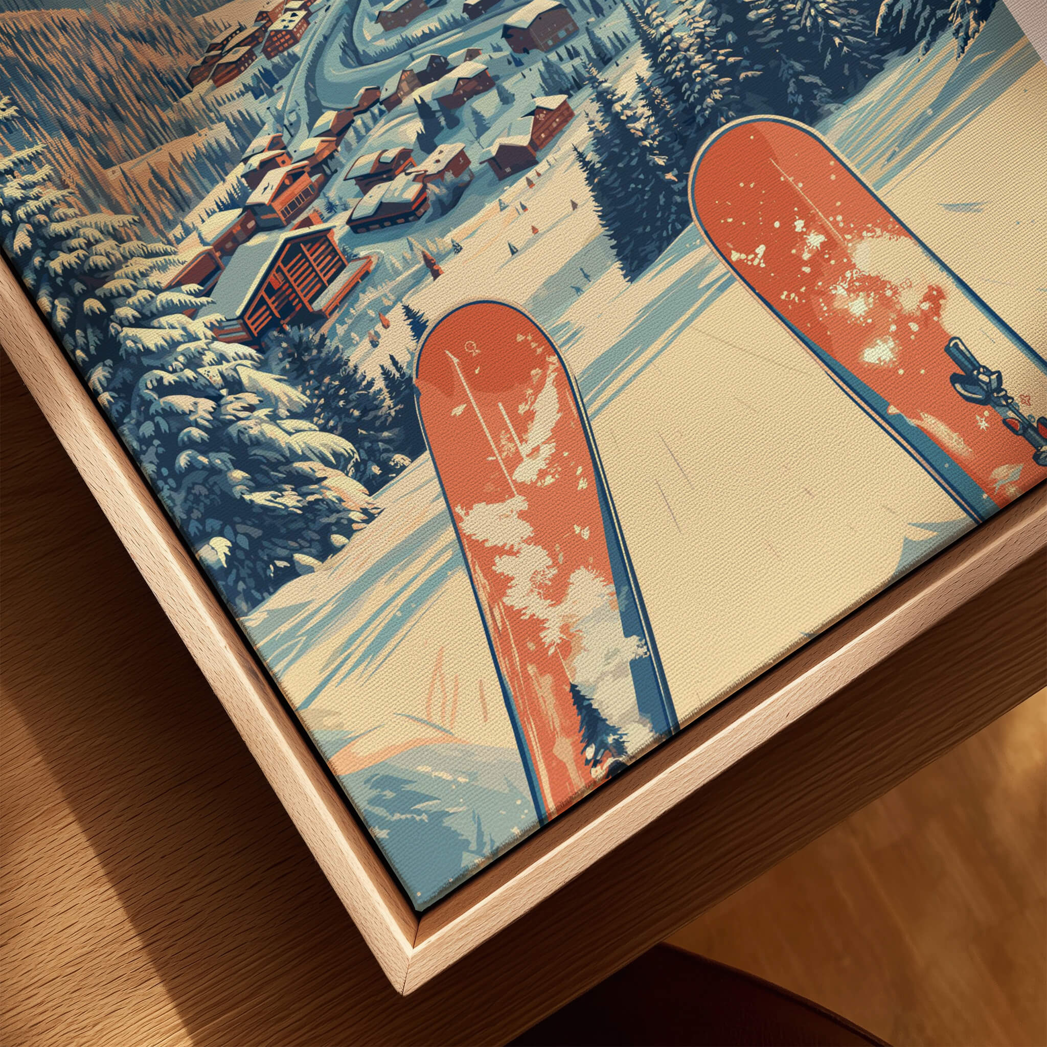 Copper Mountain Travel Poster – Sunset Ski Slopes featuring skis and a scenic ski resort landscape.