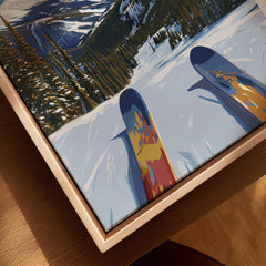 Ski Print Copper Mountain Colorado artwork featuring colorful skis on snowy slopes.