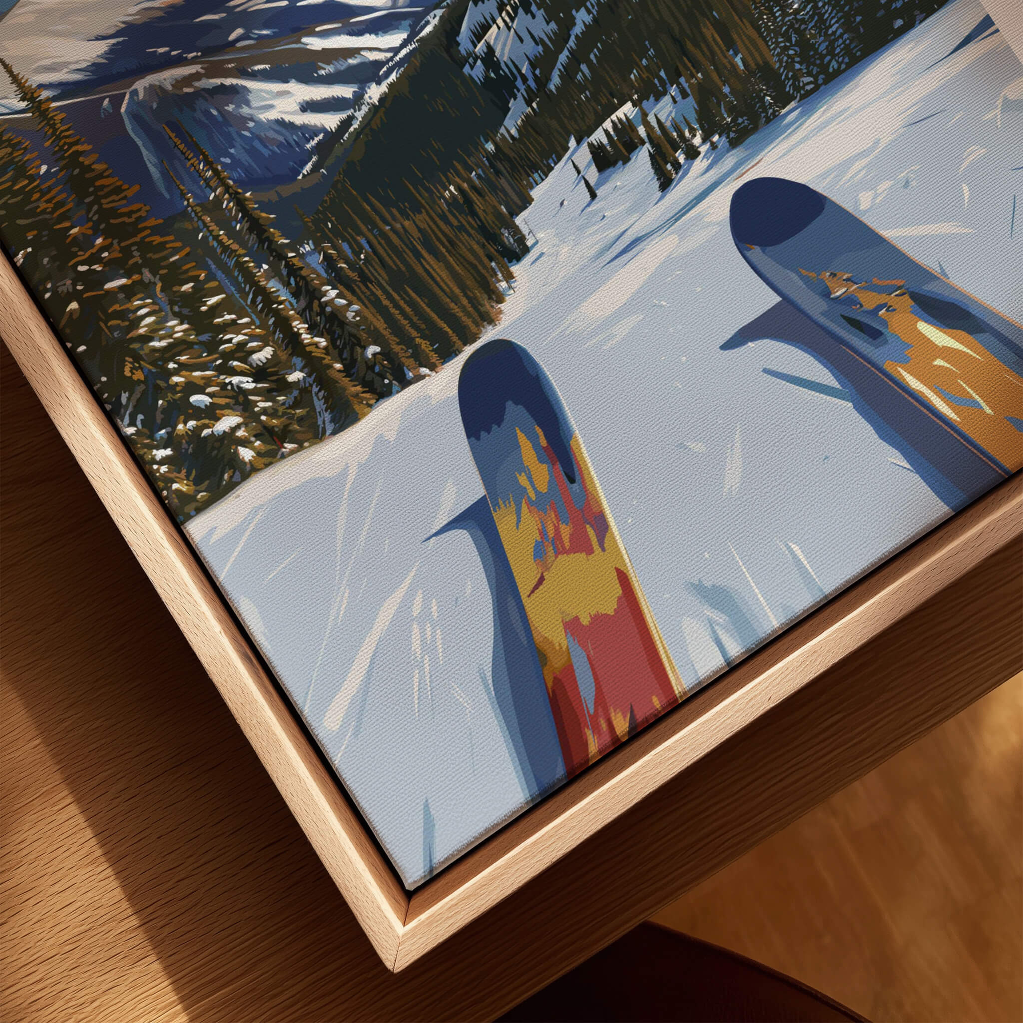 Ski Print Copper Mountain Colorado artwork featuring colorful skis on snowy slopes.