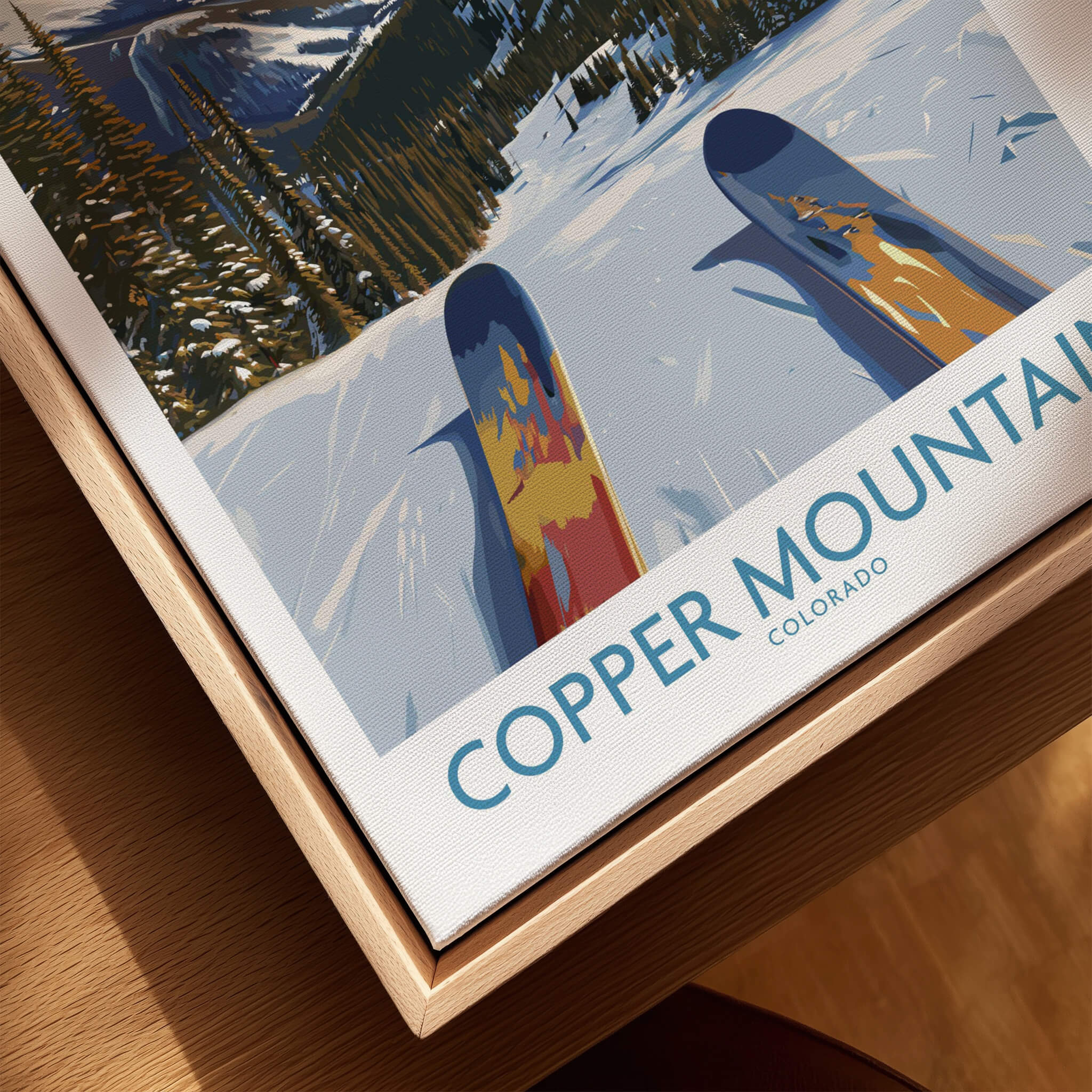 Copper Mountain Colorado Wall Art – Snowy Peak Winter Sports Print featuring ski gear and snowy landscape.