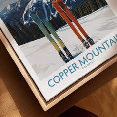 Copper Mountain Ski Wall Art Ski Print featuring colorful skis against a mountainous backdrop, ideal for alpine decor.