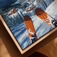 Copper Mountain Ski Poster – Winter Ski Village & Snowy Mountain Art showing skis on a snowy slope with a charming ski village.