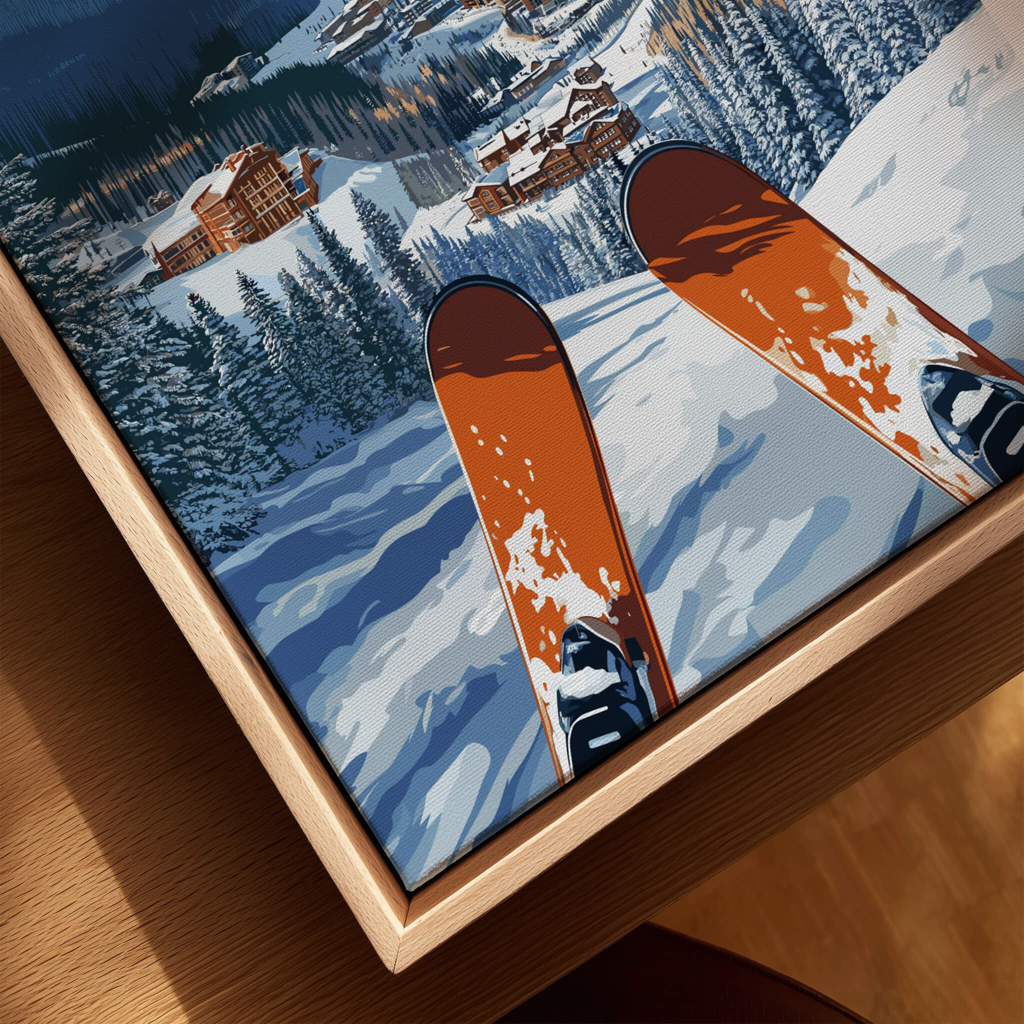 Copper Mountain Ski Poster – Winter Ski Village & Snowy Mountain Art showing skis on a snowy slope with a charming ski village.