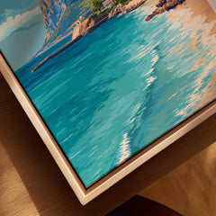 Costa Blanca Spain Travel Art – Mediterranean Village & Turquoise Sea Landscape Poster showing vibrant turquoise water.
