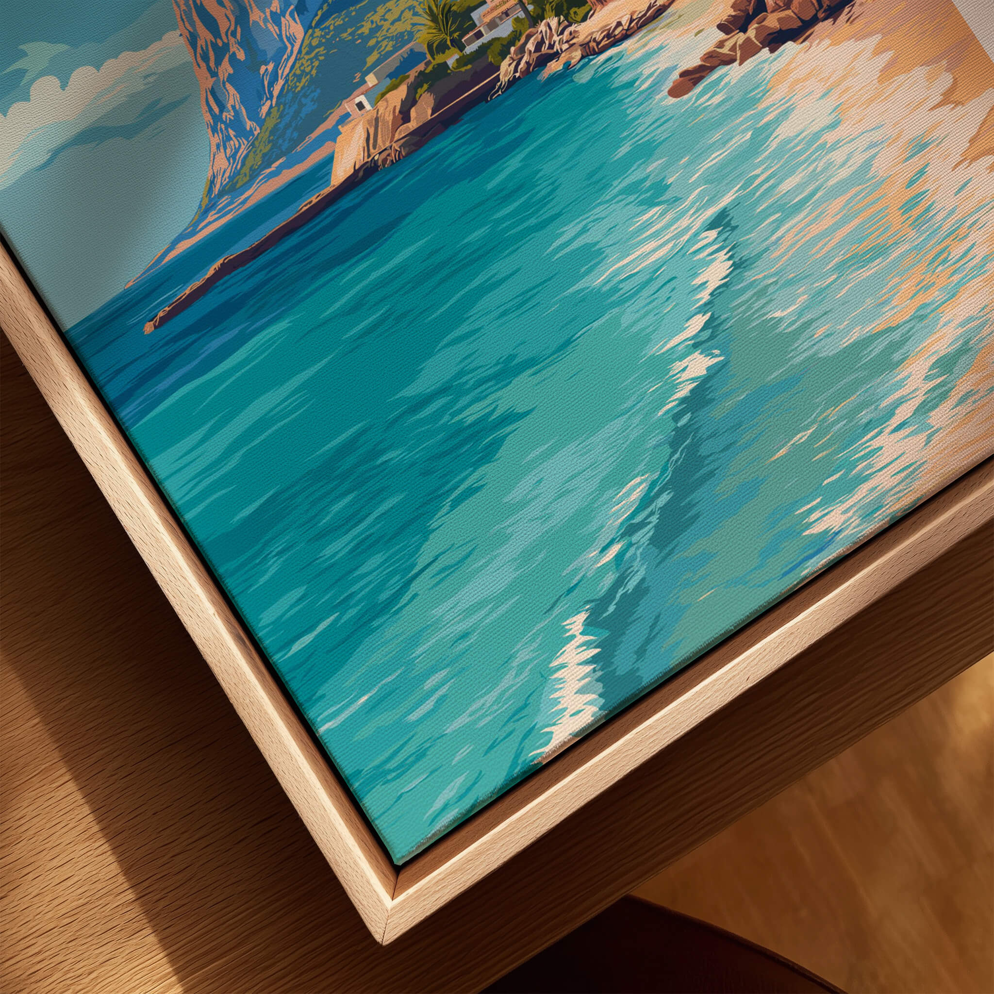 Costa Blanca Spain Travel Art – Mediterranean Village & Turquoise Sea Landscape Poster showing vibrant turquoise water.