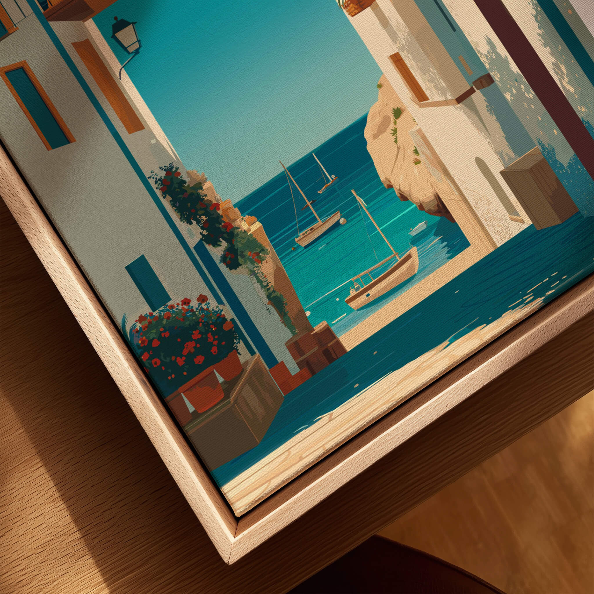 Costa Blanca Spain Print – Iconic White Village & Mediterranean Architecture Wall Decor featuring a vibrant seaside view.