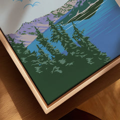 Close-up of Crater Lake National Park art print with natural wood floating frame