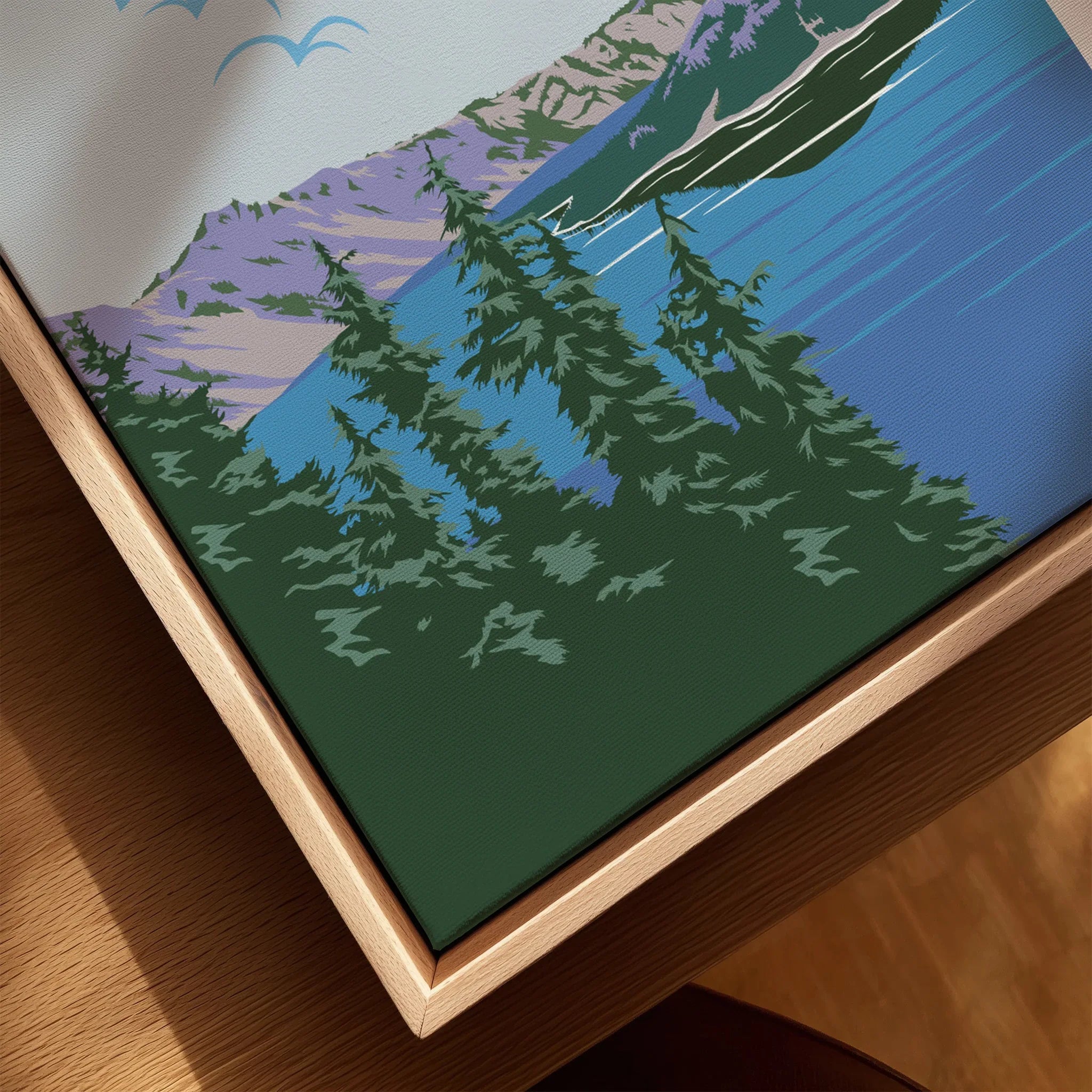Close-up of Crater Lake National Park art print with natural wood floating frame