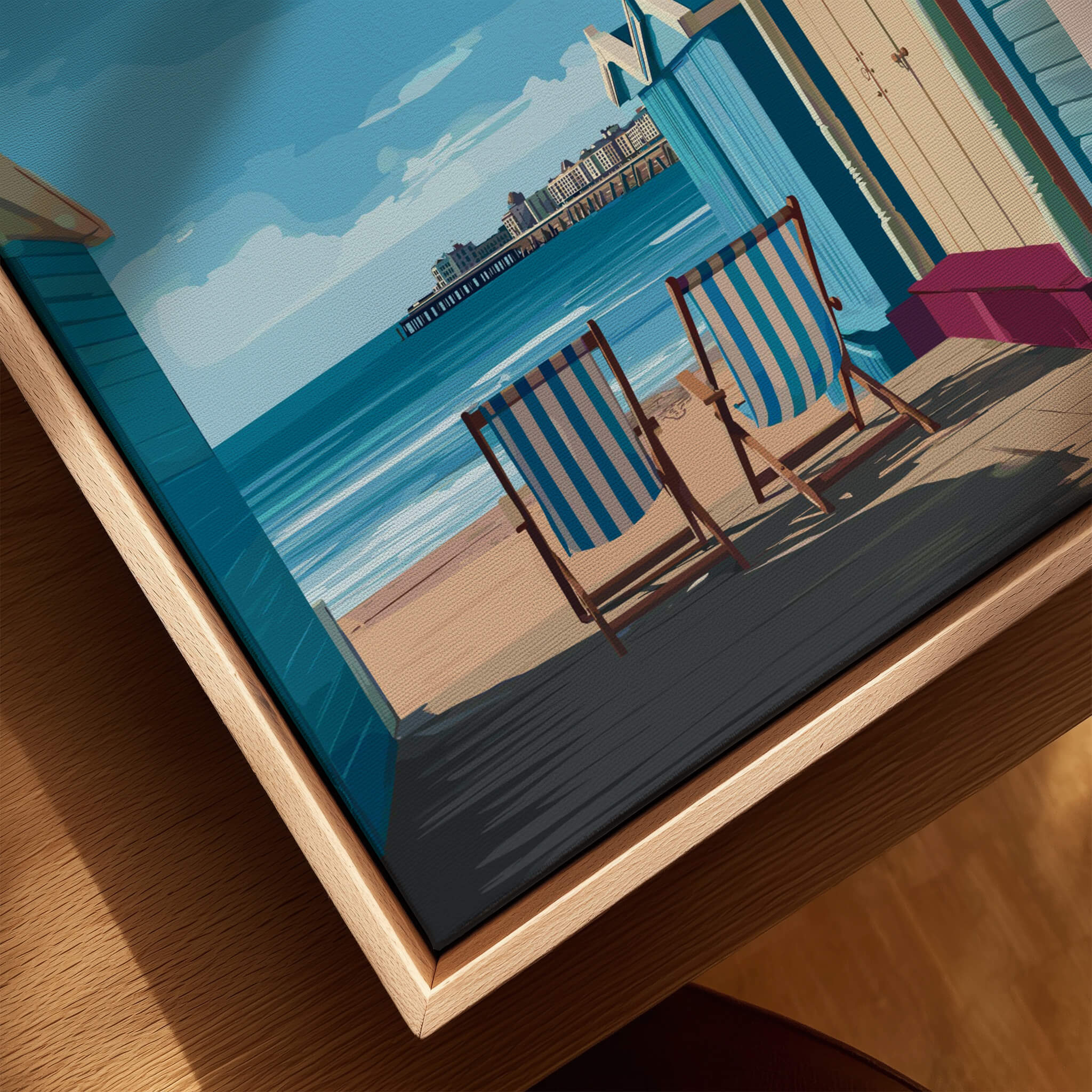 Cromer Travel Poster – Norfolk Beach Huts Art Print featuring beach chairs and a scenic seaside view.
