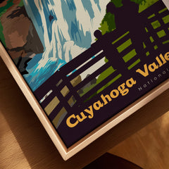 Cuyahoga Valley National Park travel poster canvas in natural wood floating frame, closeup view