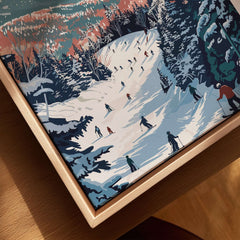 Deer Valley Ski Print - Utah showcasing skiers on a snowy slope surrounded by trees and mountains.