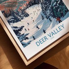 Deer Valley Travel Poster - Utah features skiers on snowy slopes, capturing the essence of this iconic ski destination.