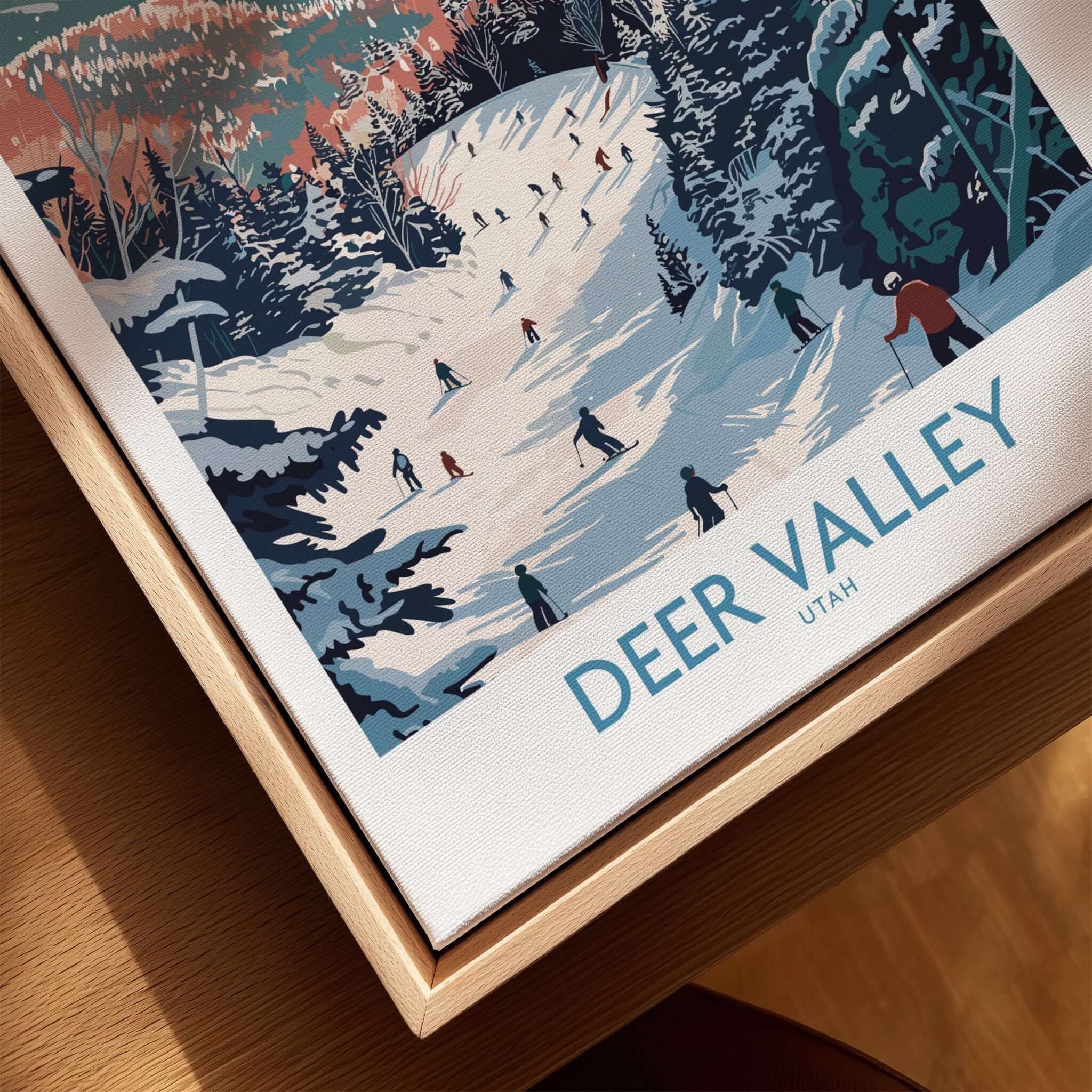 Deer Valley Travel Poster - Utah features skiers on snowy slopes, capturing the essence of this iconic ski destination.