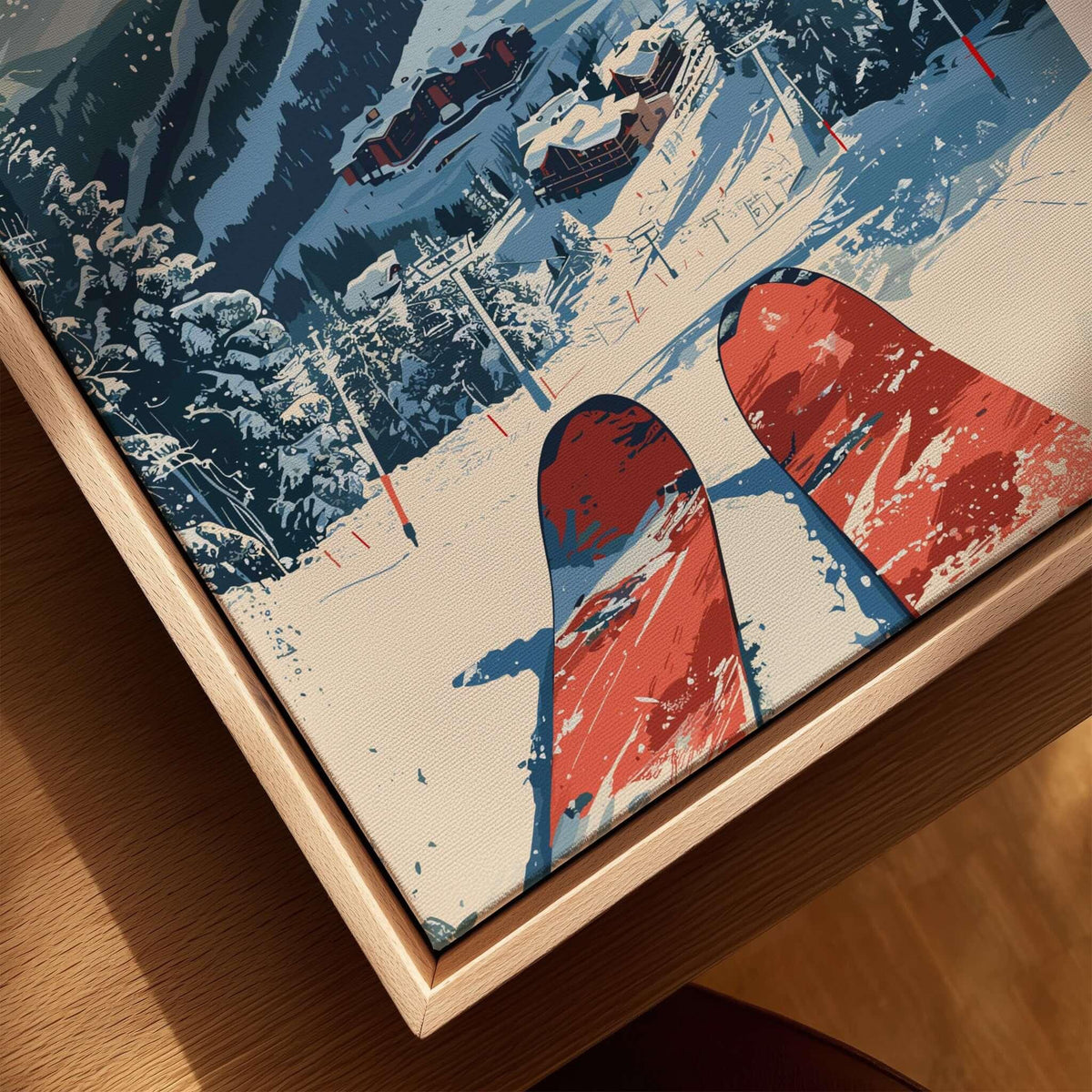 Deer Valley Ski Poster showcasing skis poised on the snowy slopes with a breathtaking mountainous backdrop.