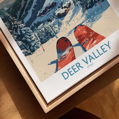 Deer Valley Wall Art ski poster featuring snowy mountains and red skis, perfect for winter decor.