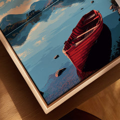 Derwentwater Travel Poster – Lake District Art Print featuring a vibrant red boat on calm waters with mountains.