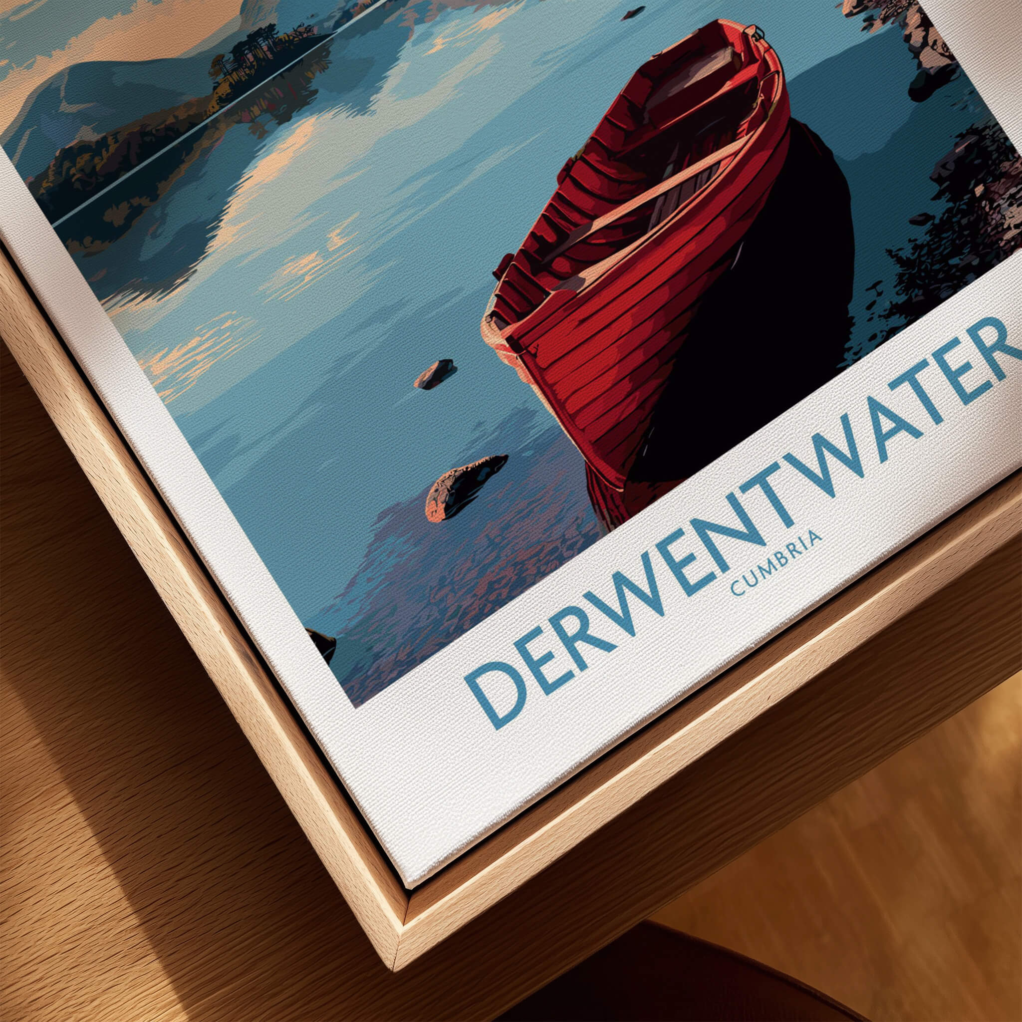 Derwentwater Cumbria Wall Art – Mountain Lake Landscape Print featuring a red boat on tranquil waters.