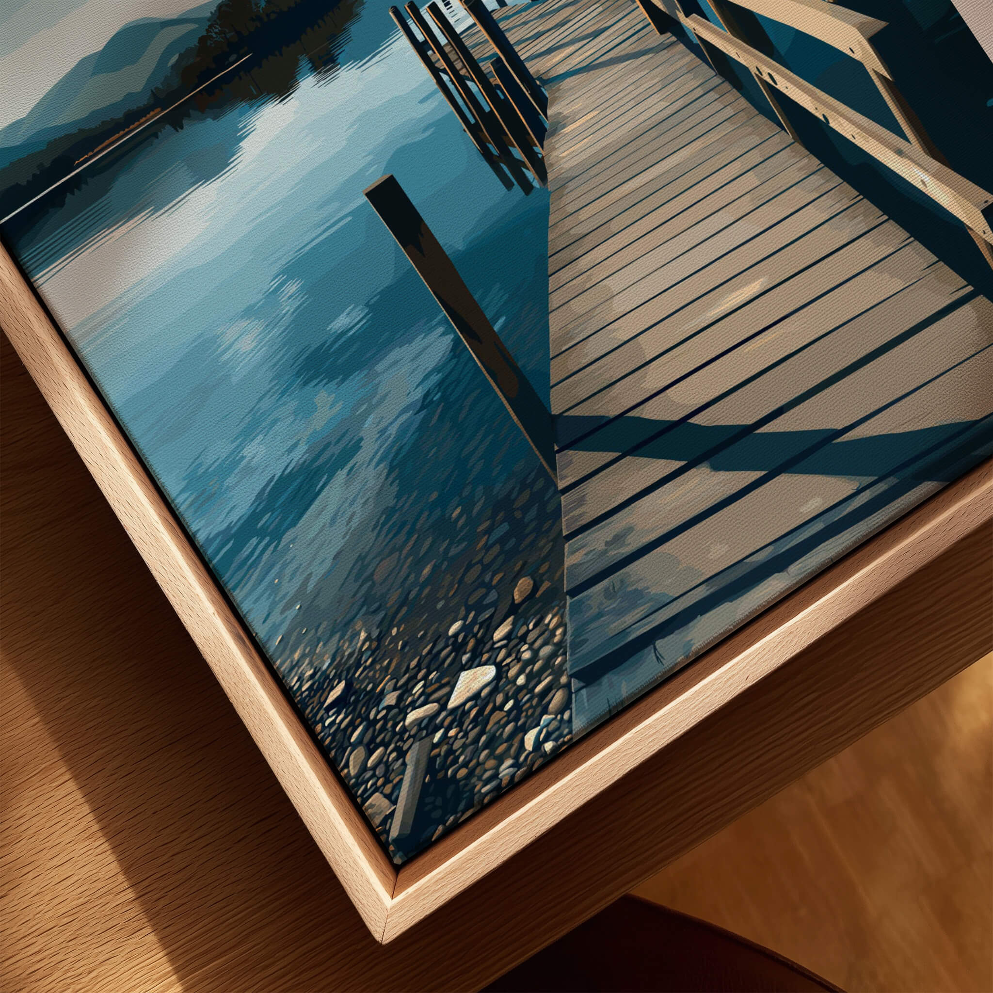 Derwentwater Travel Poster – Lake District Canvas Print featuring a serene lakeside pier and tranquil water reflections.