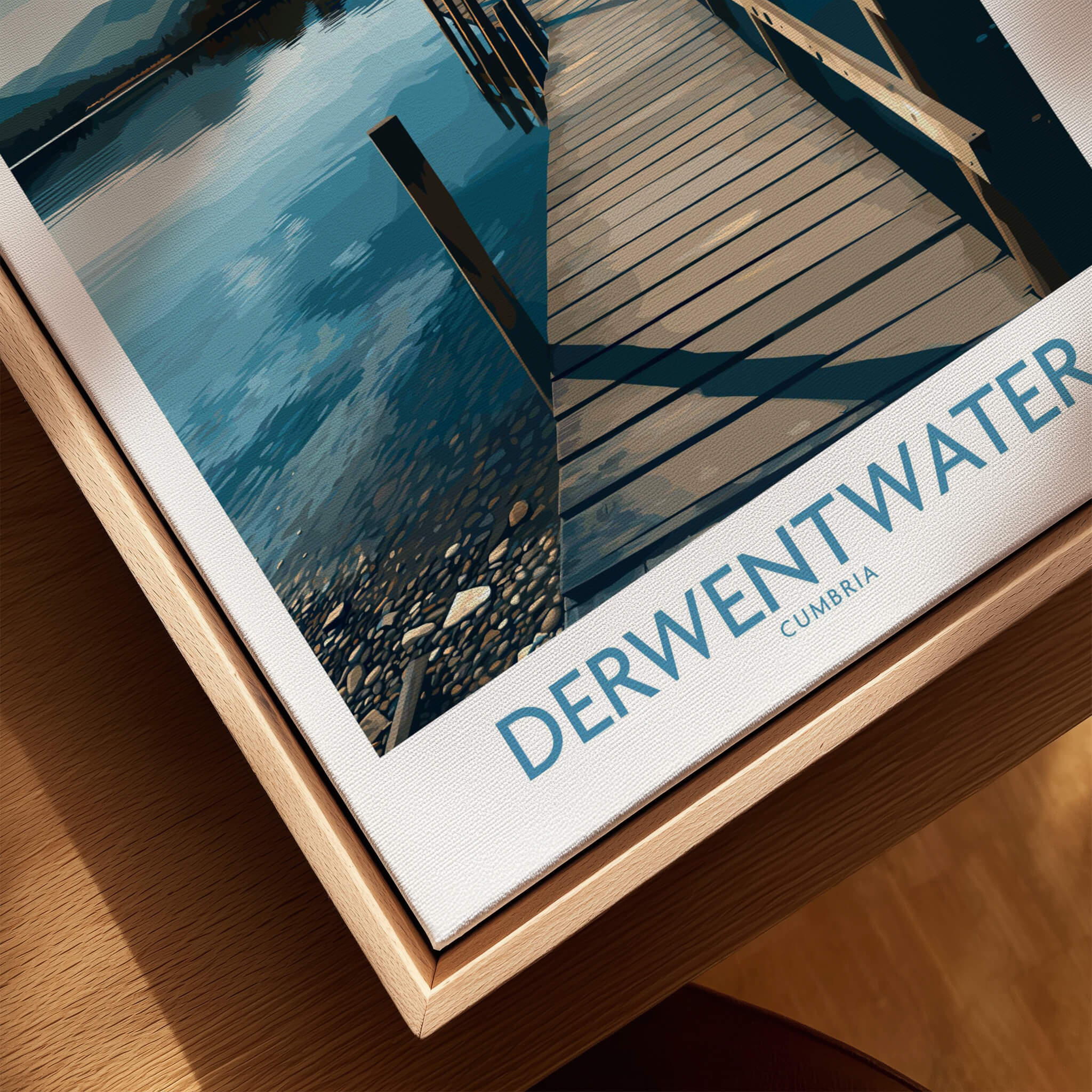 Derwentwater Cumbria Wall Art – Scenic Lake Pier Art Print showcasing a serene lake and wooden pier in sunlight.