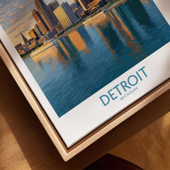 Detroit Michigan City Skyline Art Print | Renaissance Center Poster featuring the vibrant skyline reflected in water.