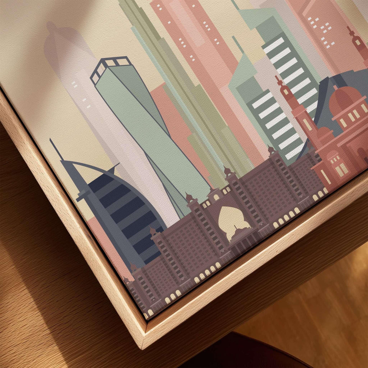 Dubai Wall Art | City Skyline Print showcasing an artistic representation of Dubai's modern skyline in soft colors.