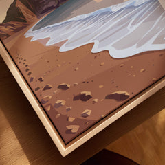 Durdle Door Travel Poster – Jurassic Coast Sunset Art showcasing the beach and water details of the stunning coastal view.