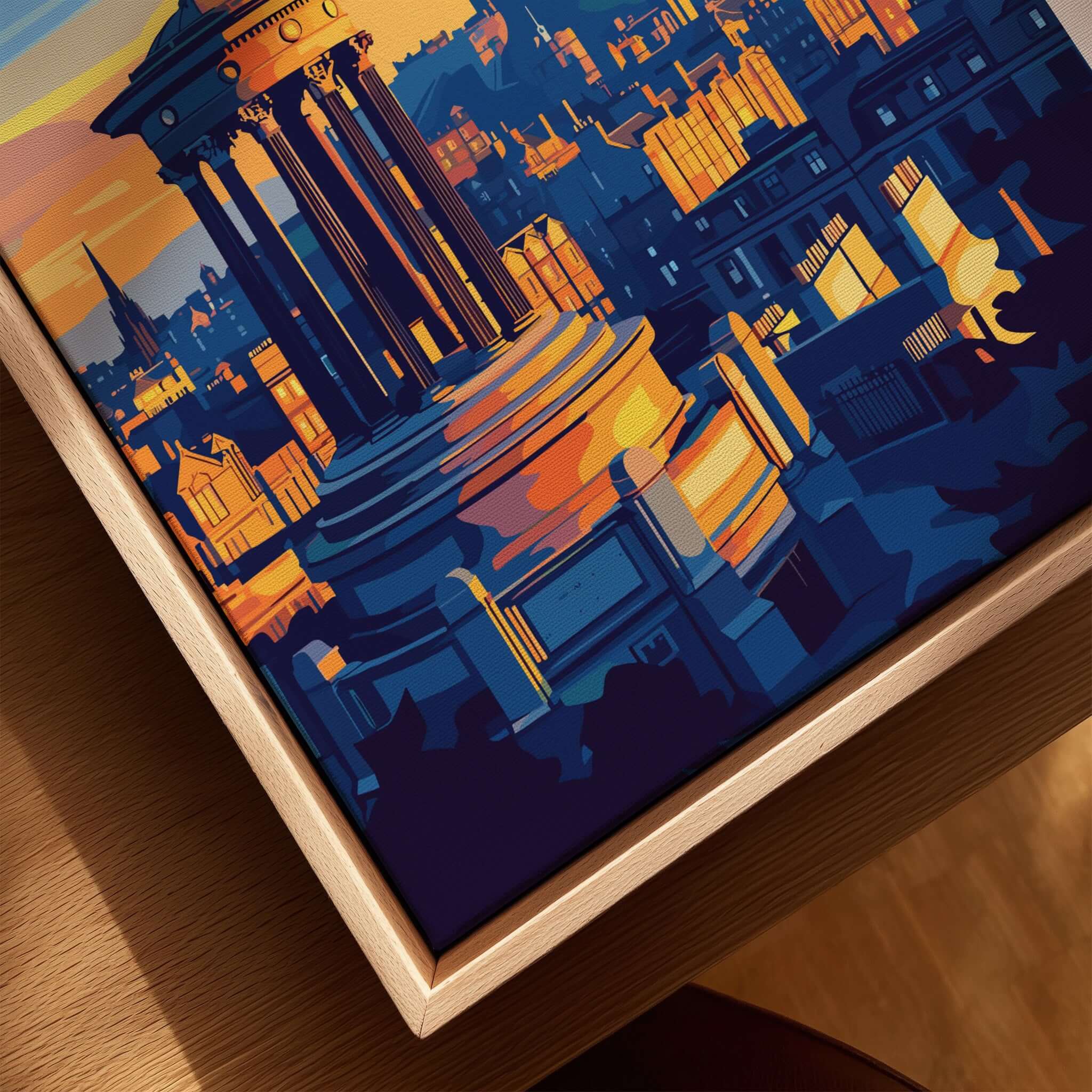 Edinburgh Travel Print showcasing vibrant city architecture and sunset colors, perfect for home decor.