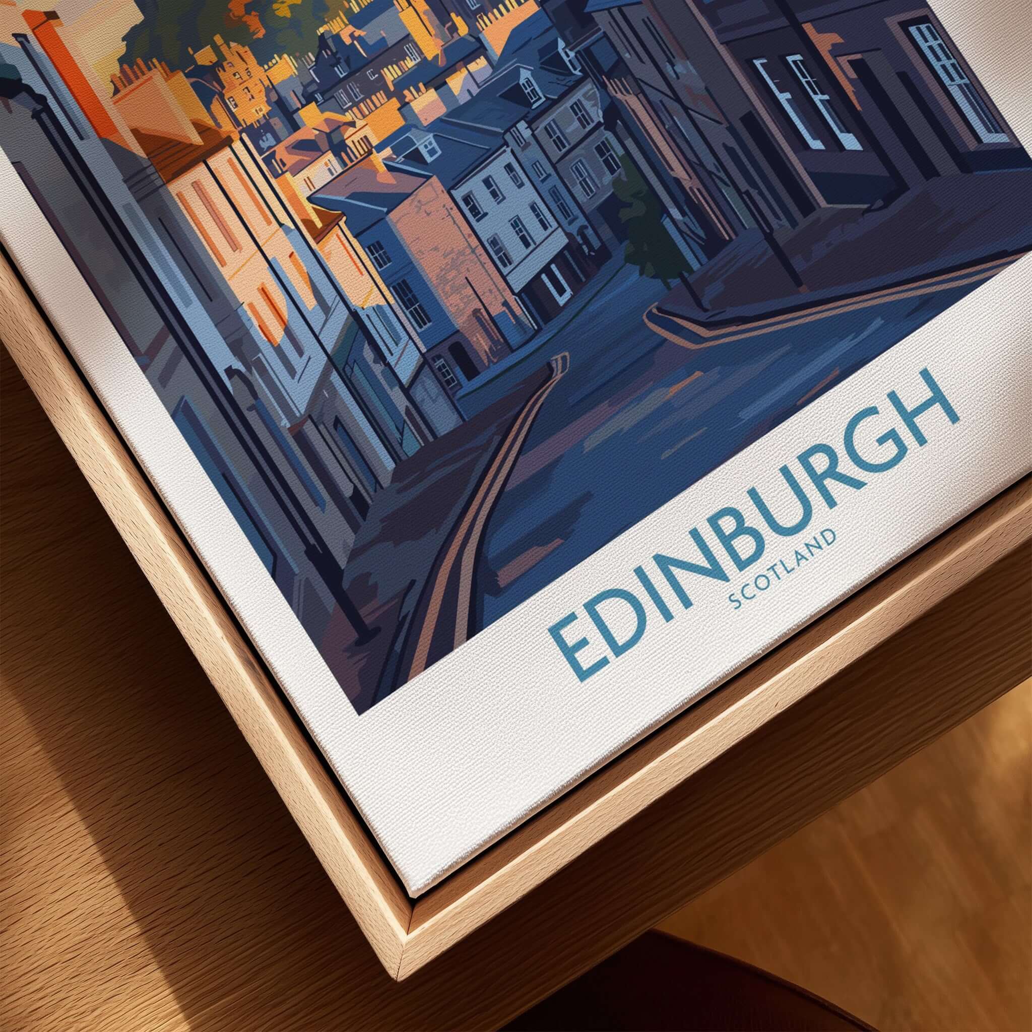 Edinburgh Wall Art Print showcasing a vibrant street scene and the word Edinburgh in a stylish font.
