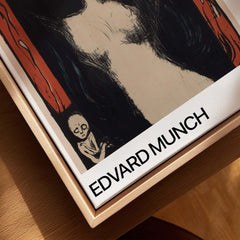 Edvard Munch Art Print - Madonna 1895 Color Lithograph Symbolist Poster displayed in a frame with wood texture.