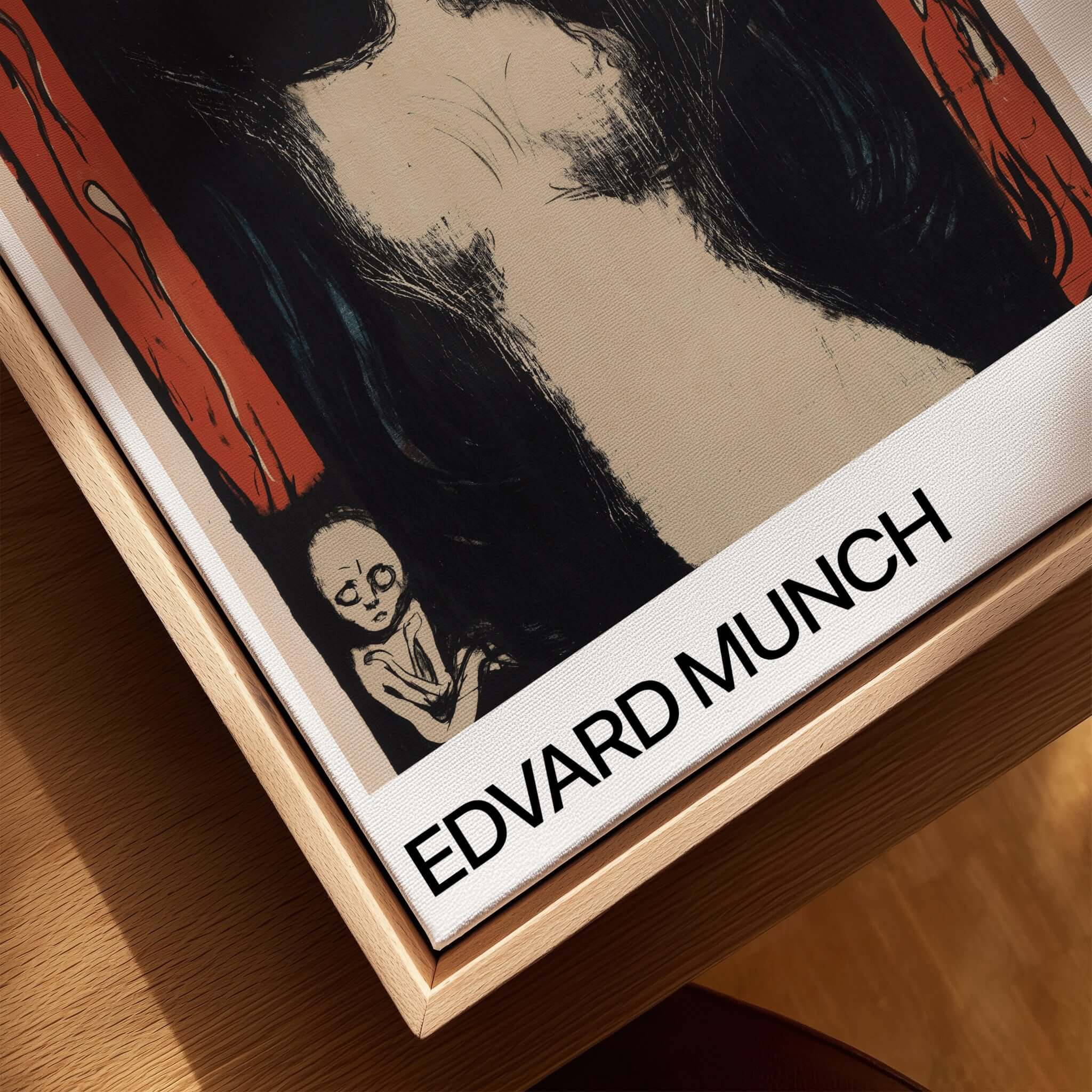 Edvard Munch Art Print - Madonna 1895 Color Lithograph Symbolist Poster displayed in a frame with wood texture.