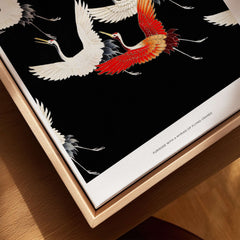Exhibition Art Print Myriad of Flying Cranes Japanese Bird Pattern Poster Wall Art featuring cranes on a black background.