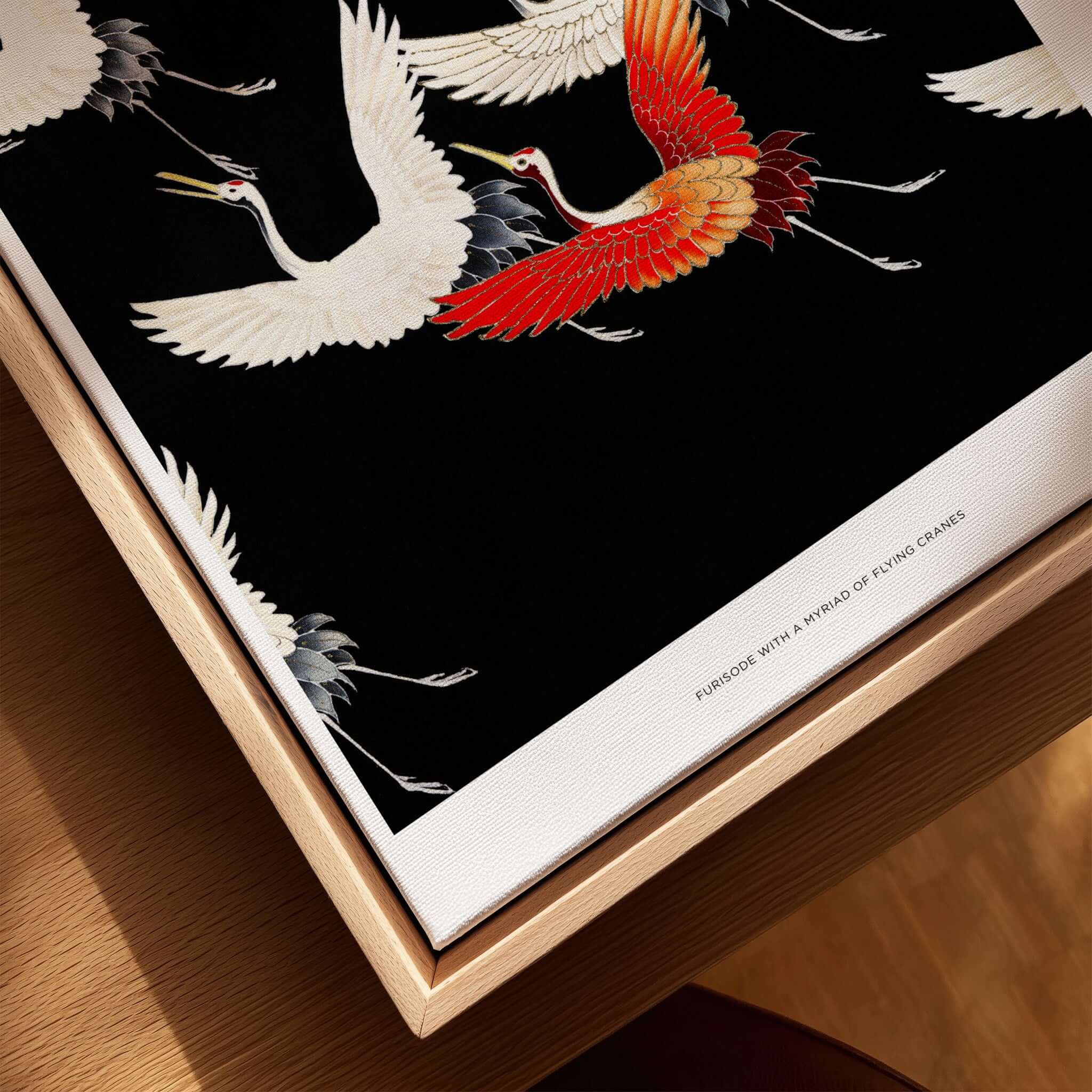 Exhibition Art Print Myriad of Flying Cranes Japanese Bird Pattern Poster Wall Art featuring cranes on a black background.