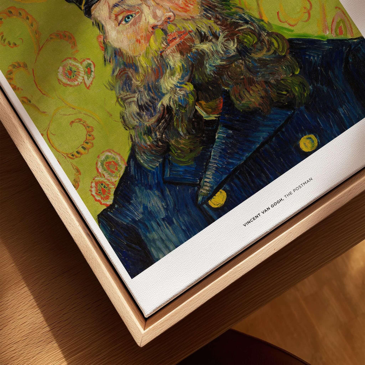 Exhibition Art Print Vincent van Gogh The Postman Famous Portrait Wall Art Poster displayed in a modern wooden frame.