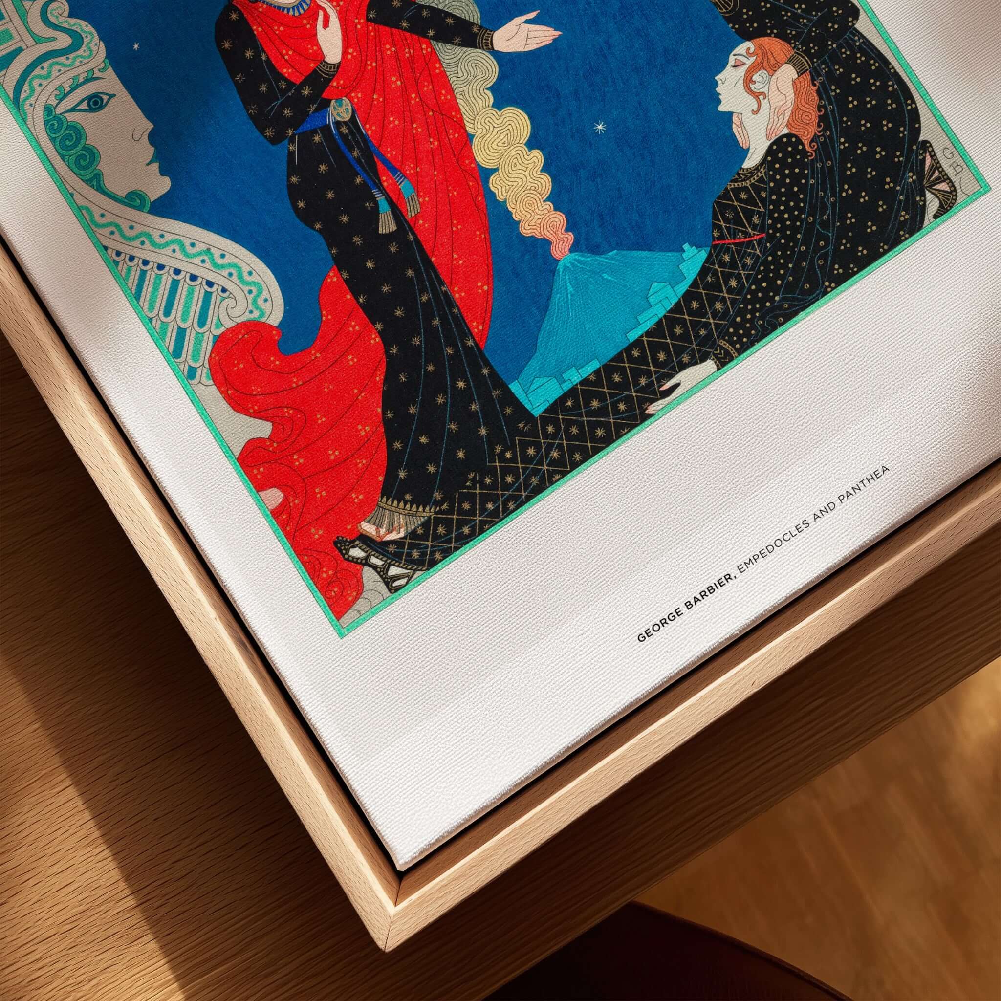 Exhibition Art Print George Barbier Empedocles Panthea Art Deco Mythology Poster Wall Art displayed in a wooden frame.