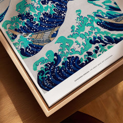 Exhibition Art Print Hokusai The Great Wave off Kanagawa Japanese Ukiyo-e Poster displayed in wooden frame.