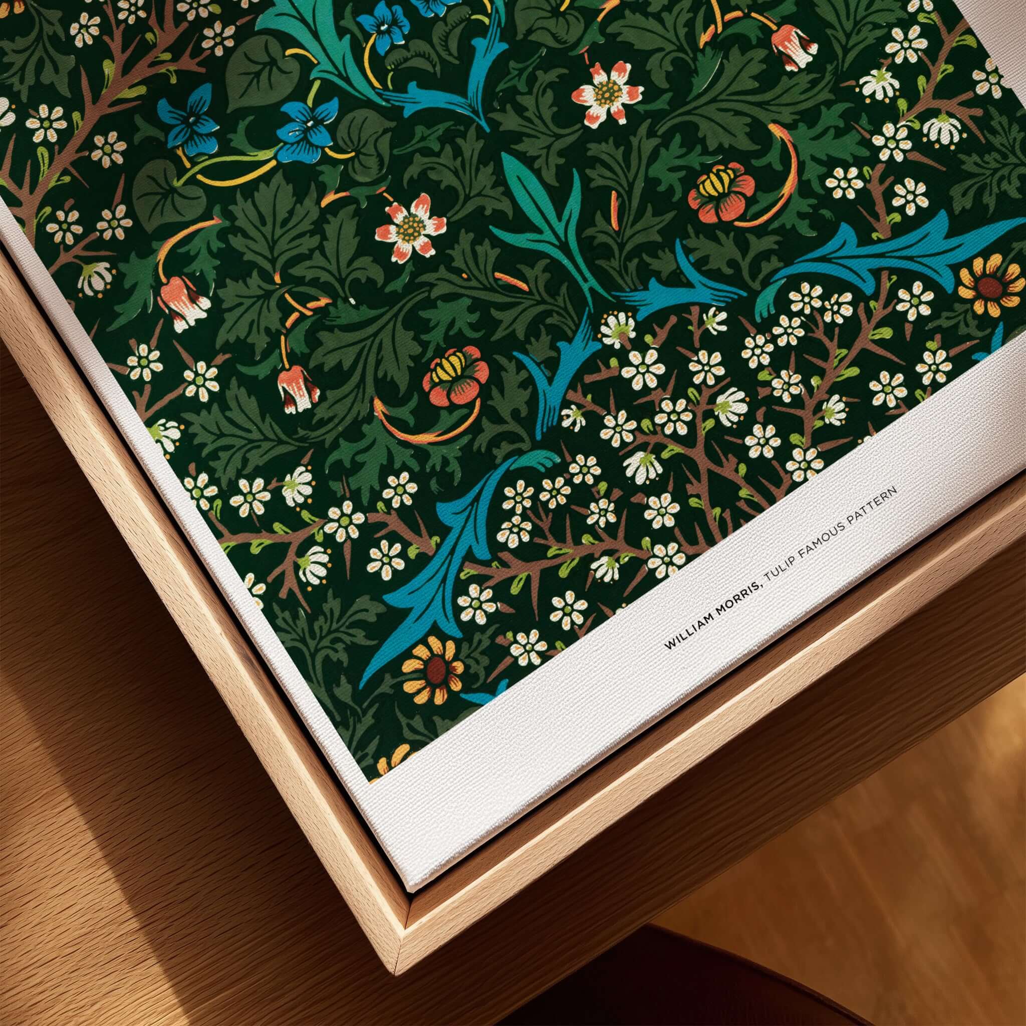 Exhibition Art Print William Morris Tulip Famous Pattern Arts Crafts Floral Poster Wall Art displayed on wooden table.