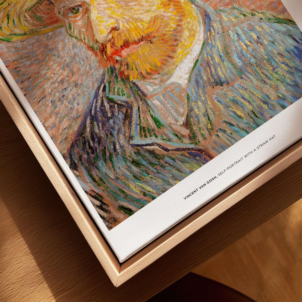 Vincent van Gogh Self Portrait Straw Hat Post-Impressionist Art Print Poster displayed in a wooden frame.