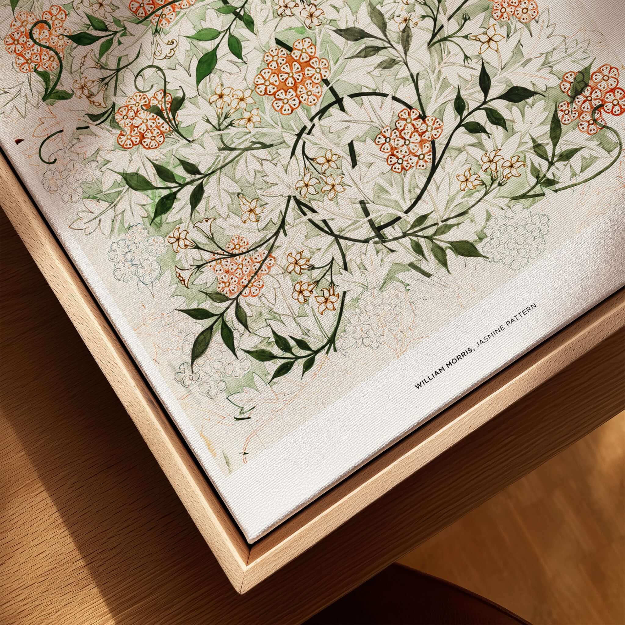 Exhibition Art Print William Morris Jasmine Pattern Floral Botanical Wall Art displayed in a wooden frame with intricate design.