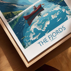 Fjords Norway Wall Art | Modern Style featuring serene water, mountains, and a boat.