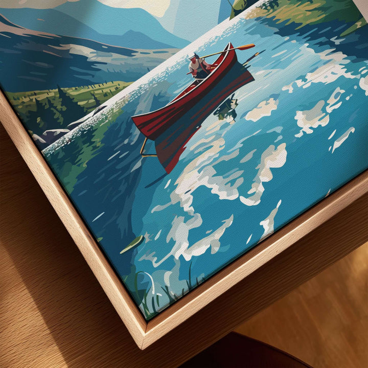 Fjords Wall Art Norway featuring a boat on a serene lake with mountains in the background, capturing Nordic beauty.