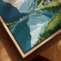 Norway Fjords Travel Poster showcasing vibrant landscape with mountains and reflections in water.