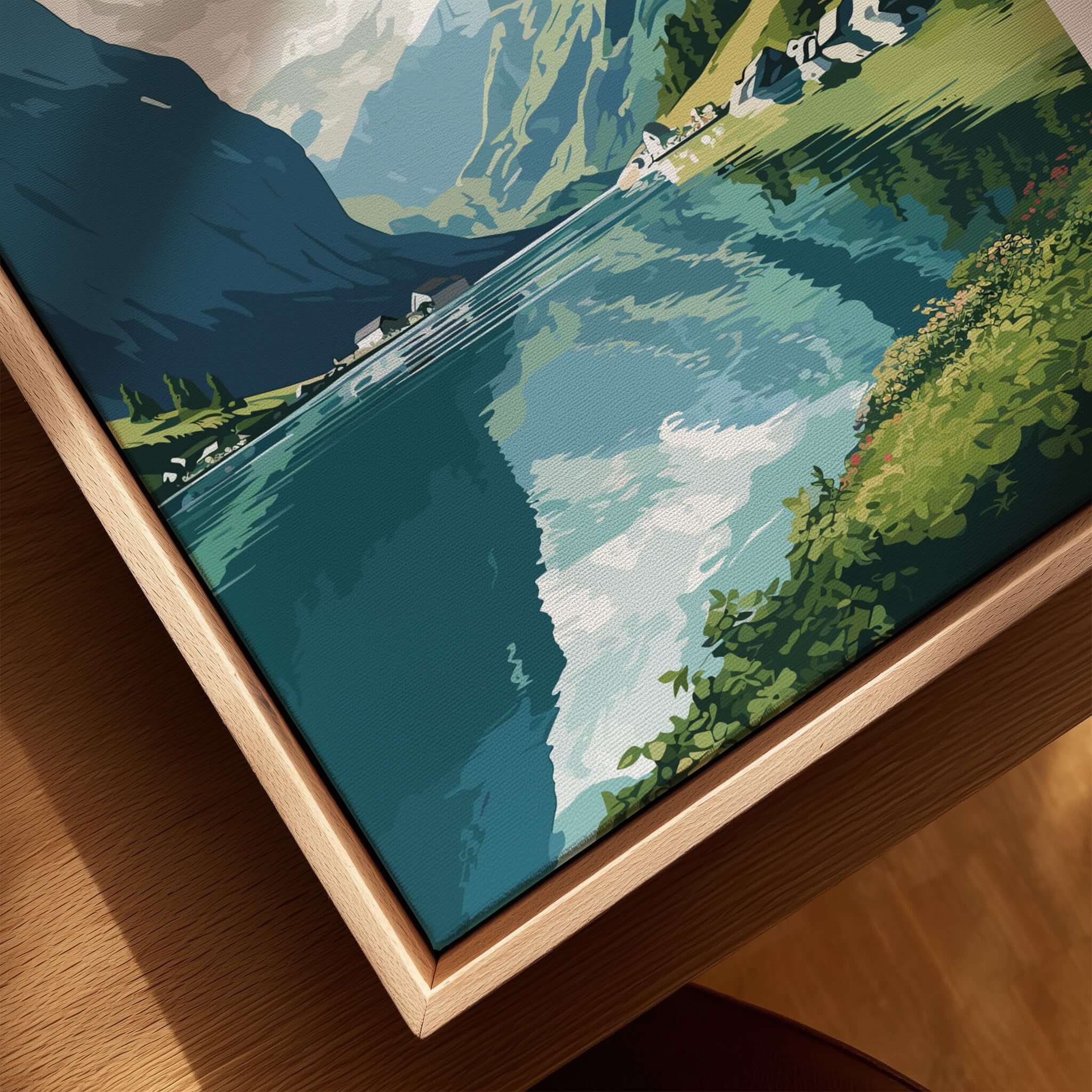 Norway Fjords Travel Poster showcasing vibrant landscape with mountains and reflections in water.