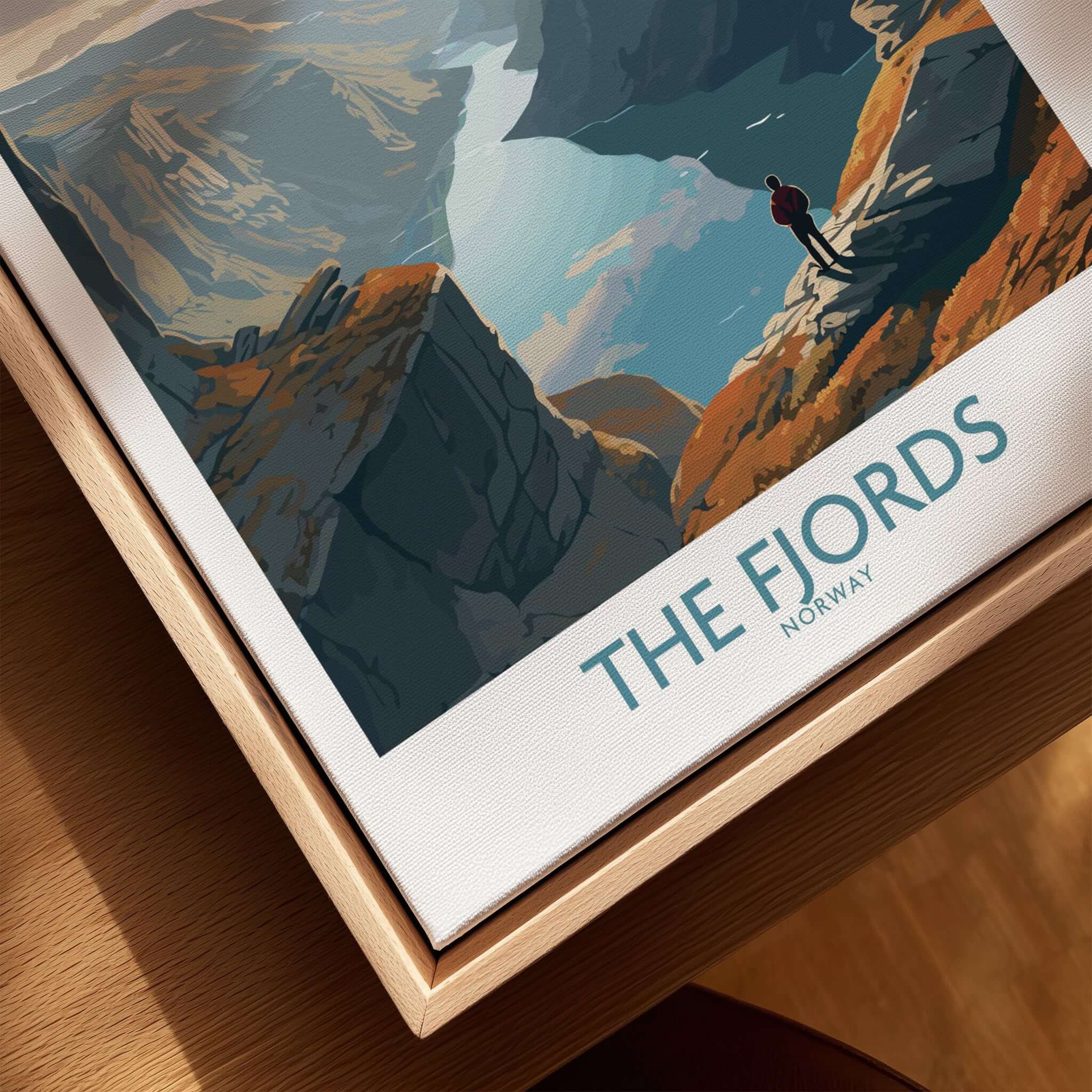 Fjords Wall Art | Modern Style featuring a stunning depiction of Norwegian fjords and a hiker.