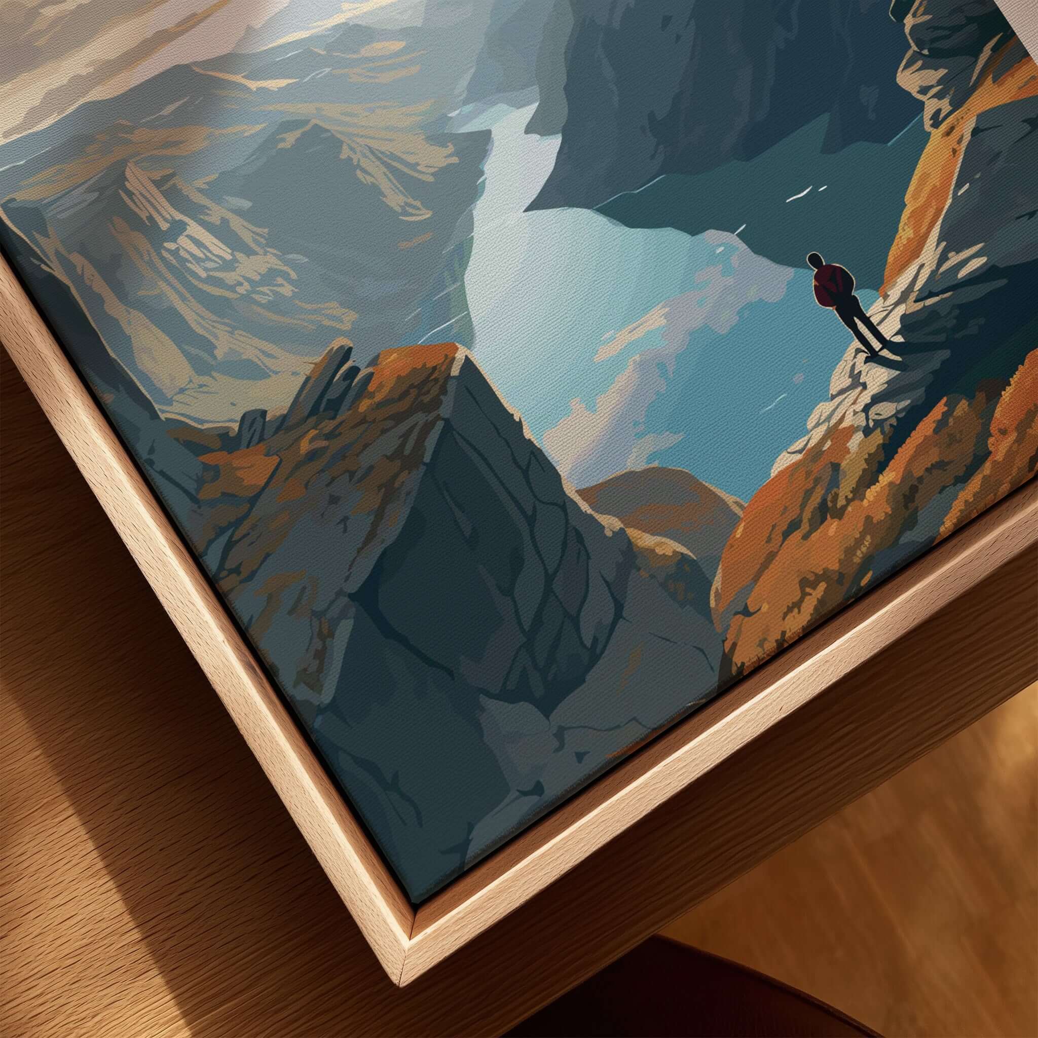Fjord Wall Art Print - Norway featuring a hiker on a cliff overlooking stunning fjord landscapes.