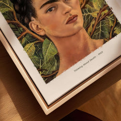 Frida Kahlo Thinking About Death Self Portrait Wall Art Print Poster featuring close-up detail and foliage.