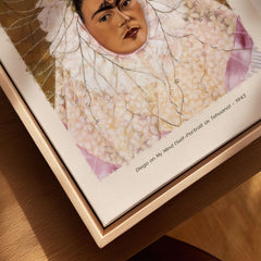 Frida Kahlo Diego on My Mind Tehuana Self Portrait Poster Art Print showing detail of self-portrait 1943 in a wooden frame.
