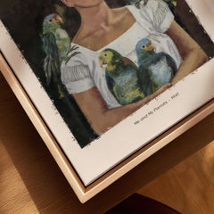 Frida Kahlo Me and My Parrots Self Portrait Art Print Poster Wall Art featuring Kahlo with parrots in 1941