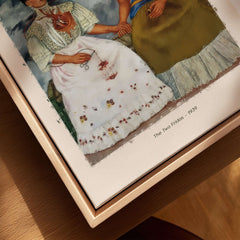 Frida Kahlo The Two Fridas Famous Art Print Poster Wall Art showcasing detailed dress and emotions in a double self-portrait.